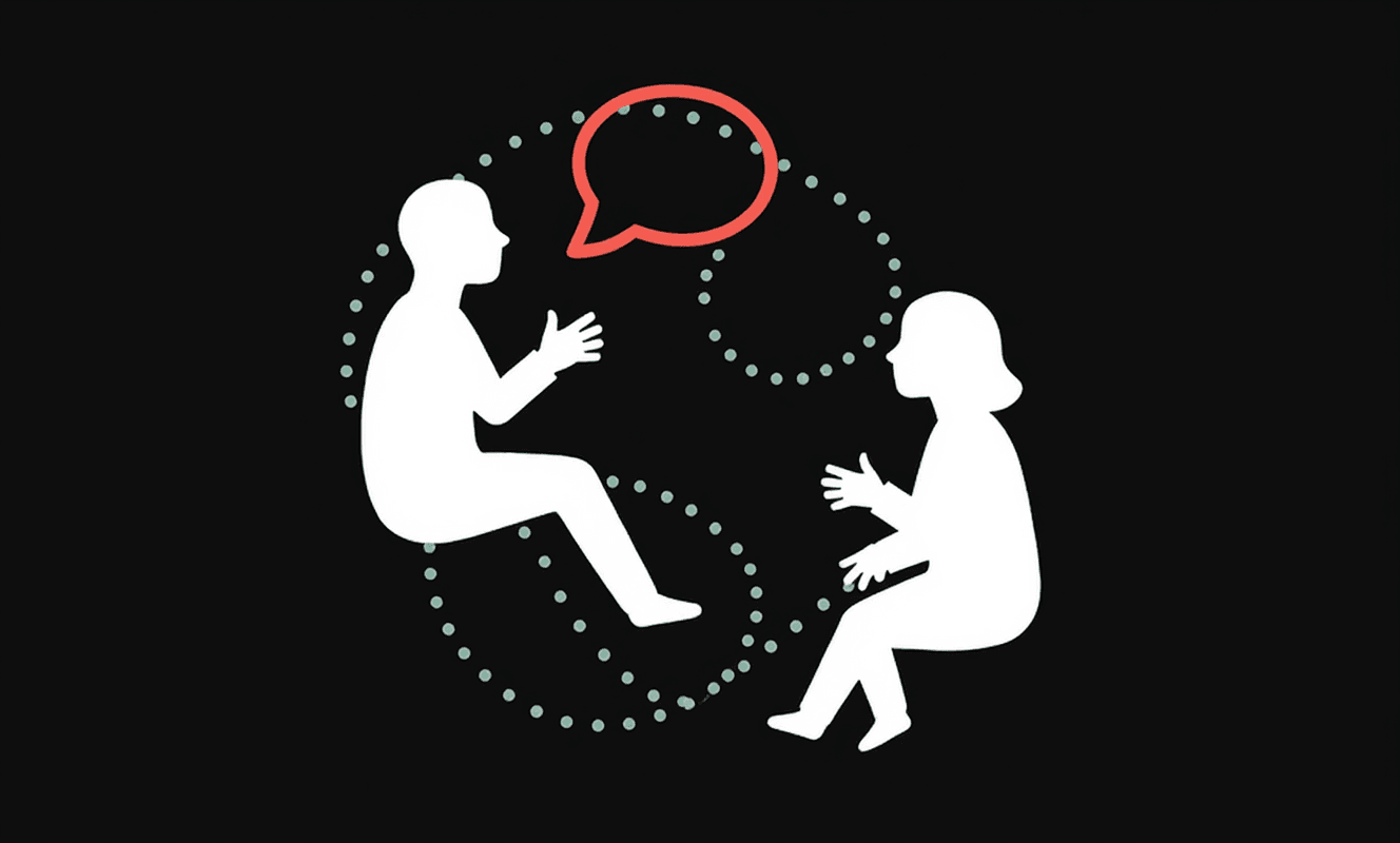 User interview conversation in dot-matrix illustration style